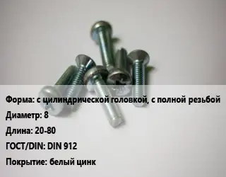 Винт с цилиндрической головкой, с полной резьбой 8х20-80 DIN 912 белый цинк